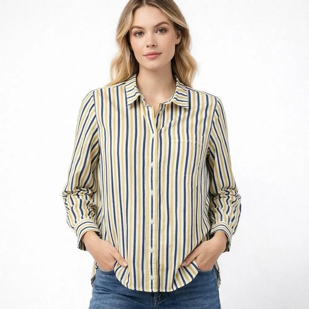 J. Crew Shirt Womens 6 White Yellow Navy Stripe Button Front Long Sleeve Cotton